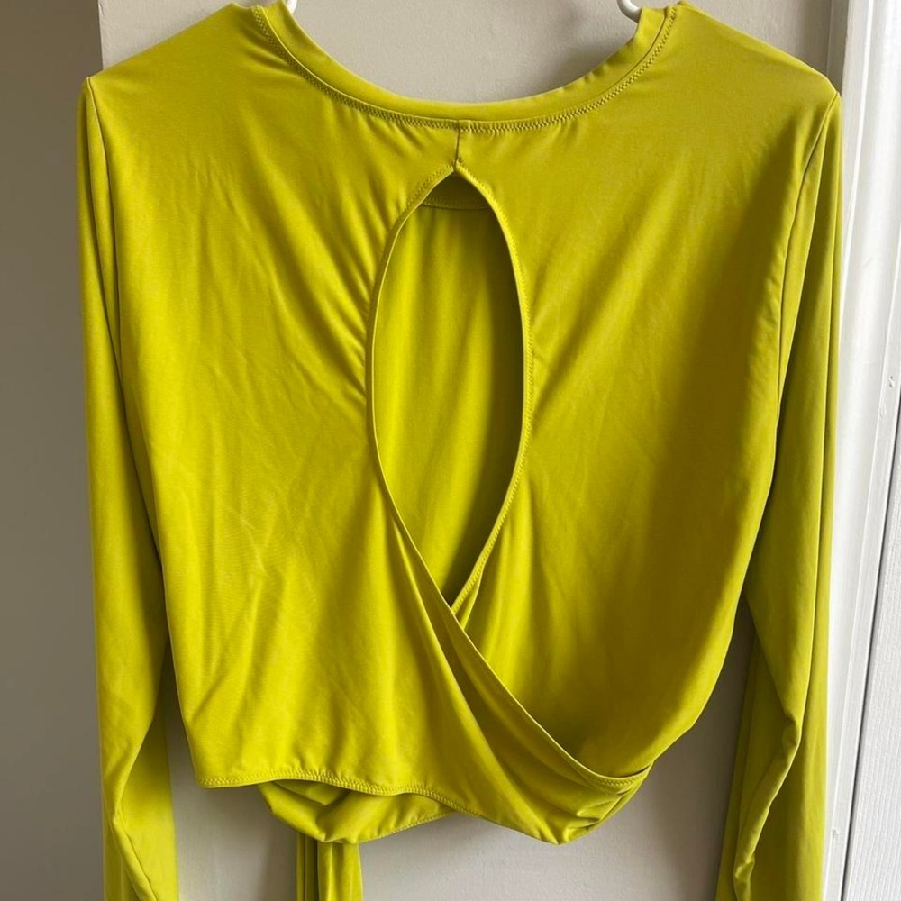 Calia Long Sleeve Activewear Top Women Large Lime Green Tie Front Crop - Picture 4 of 8